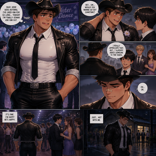 A Very Detailed ANIME COMIC BOOK CHARACTER That is Beefy and Bulky and Huge Beefy Pecs and Biceps and above average High schooler but Bulky and ANIME Cute Bara Big Bulky Hunk Who looks Normal 20 year old American with a round facial Structure and ROUND and BASIC facial structure and No Facial Hair With Puffy and Big Pecs that are visible through the shirt and Biceps and Bandaid on his nose and slim and thin waist tall with a Good Frame that makes him look Big. Wearing a Black leather Jacket that’s sleeves are rolled up and Leather Pants and a White button shirt with a Black Tie and Cowboy hat. Licking his Teeth and Making an Masculine and Cute face. That is at a dance about to ask his boy crush out and finds out he already has a date and says ok. And walks away sad