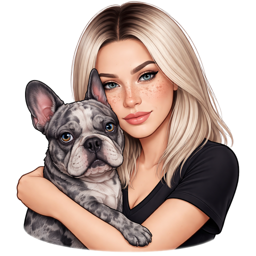 Ice Blonde dark roots no makeup 38 year old girl blue-grey eye color squinty dark freckles straight hair hugging gray merle blue eye brown eye French bulldog serious black v neck tshirt