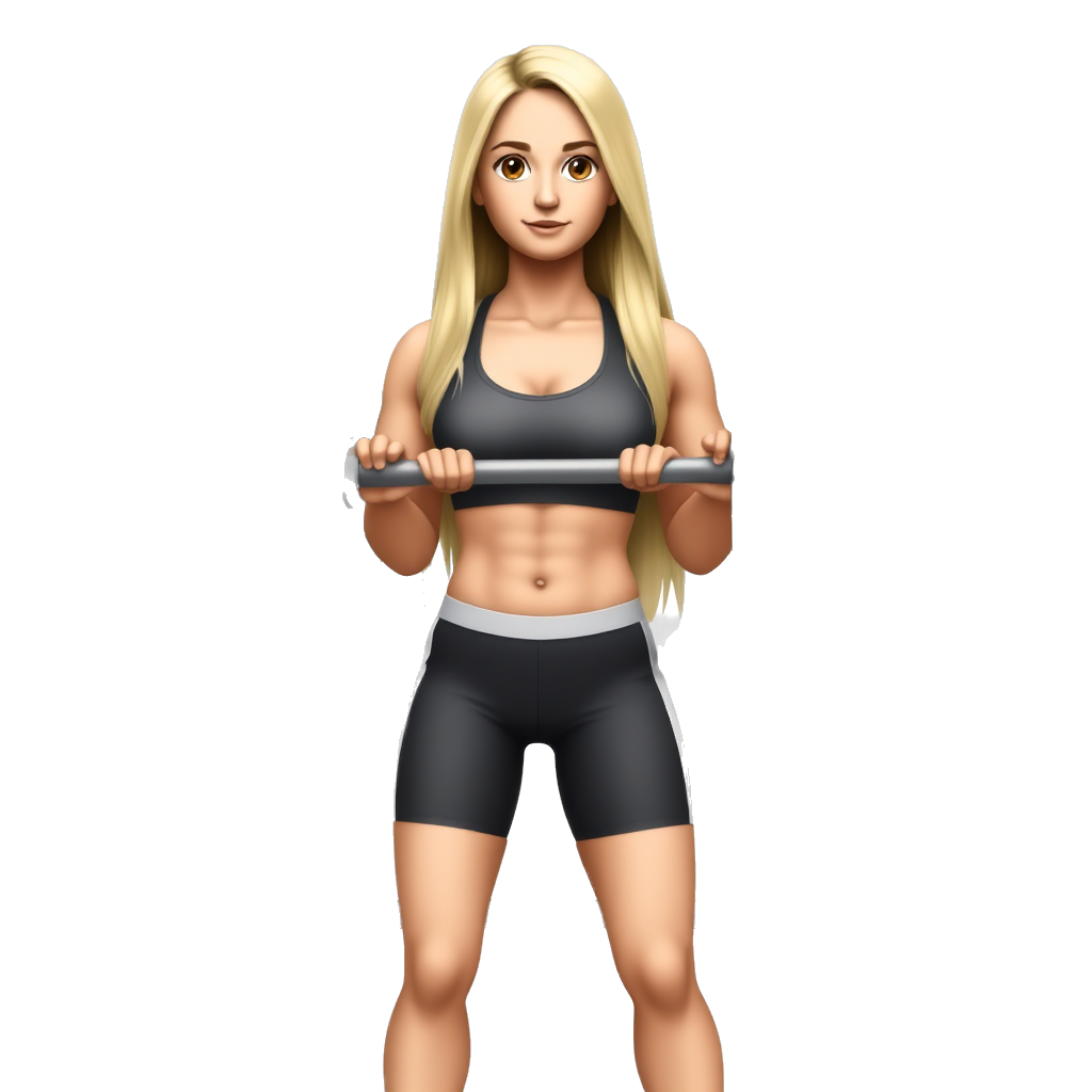 Fitness clothes and pants Long blonde hair brown eyes white girl full body and feet lifting barbell and weights