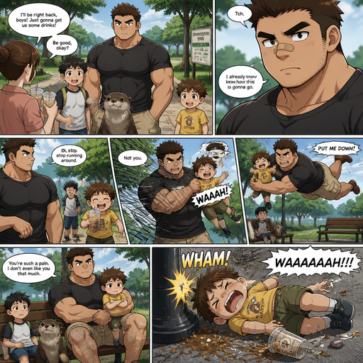 A DETAILED AND LIFELIKE ANIME Comic Book story view of a Bulky but Muscular ANIME Cute Bara Man With Peach toned skin Who looks Normal aind round facial Structure and Basic facial structure With Puffy and Big Pecs that are visible through the shirt and Biceps and Bandaid on his nose and Brown short hair that makes them look tough. Wearing normal With his pet Grown and healthy realistic otter and 2 little brothers that are in different ages but young. At the park and there mom dropped theme after getting drinks And he doesn‘t like them and picks the little brother up and fly’s to the Bench and the youngest and he doesn‘t like the youngest. And the youngest flies into the streetlight and spills his drinks everyting and lays on his Side crying