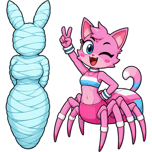 wrapped up and mummified fully covered in a #B8FFFF spider slik cocoon shaped like anthro female rabbit anthro arms behind back with #B8FFFF spider slik wrappings completely covered with thick layers non-transparent #B8FFFF spider slik wrappings next to a happy anthro femboy pink cat drider doing victory sign based on unikitty
