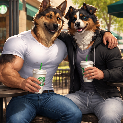 A Full Body Image of a Hunky and Chunky a Very Hot and Handsome German Shepard mixed with a Australian Shepard bara furry who is a Muscular but not to muscular and Extremely Chiseled Body features Masculine and Handsome and Ginormous Arms and a Rounded Pecs very Short Strait Hair but tall and very lean. Wearing a Tight Shirt and Jeans. With his boyfriend wearing a Jacket and Sweatpants. Sitting at a table together. At A Starbucks Drinking coffee