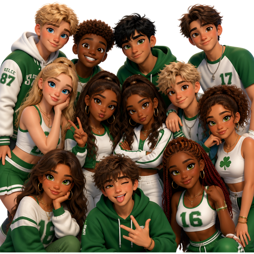 If there was a famous teenager friend group with these people Cami Kelce (13) (white) blonde hair blue eyes funny sweet sassy cute pretty Marco Coleman (14) (black) brown hair brown eyes funny stupid cool sweet Noah market (15) (Mexican) black hair green eyes cool strong silly jokey Mia lzzy (14) (black) brown hair brown eyes funny cool additud twins with Justin pretty Justin lzzy (14) (black) brown hair brown eyes funny cool strong sassy Jonathan greenish (15) (white) blonde hair brown eyes cool sweet strong silly stupid Millie brown (15) (mixed) brown hair green eyes cute silly smart sassy Cole Kelce (16) (white) blonde hair blue eyes cool funny jokey protective of Cami when it comes to boys and outfits Julia (16) (black) brown hair green eyes she’s funny sweet and jokey too Josh (17) (white) brown green hair brown eyes funny kind stupid jokey Zoe (16) (black) brown red hair green eyes sweet funny pretty have them wearing green and white outfits but different designs and have Noah be right by Cami and have them all posing for a photo shoot for the profile picture