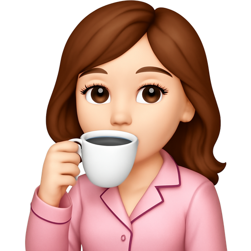 Can you do a hazel brown hair girl , pale skin and make it girly with her light pink silky pijamas on that are trendy and drinking coffe as she just woke up