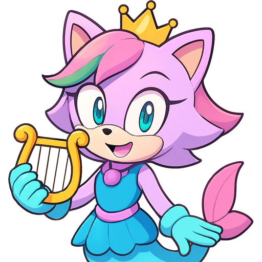 sonic x style version light purple cute cartoon character anthro cat smiling with pink and green and yellow hair blue green eyes golden crown with light purple necklace light cyan braclets cyan and blue dress with pink skirt attached to cyan mermaid tail with pink tail fins pink and cyan gloves holding a golden harp based on amy rose from sonic x style version emoji, artistic style
