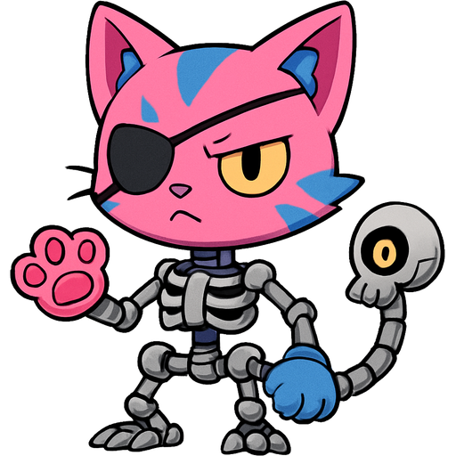 a creature with pink cat with blue markings head with eyepatch on a metal pipe a robotic skull with an eye on metal pipe tail with a ribcage with three robot legs with pink cat paw and blue cat paw on skeleton arm and blue cat paw on a metal pipe sonic x style