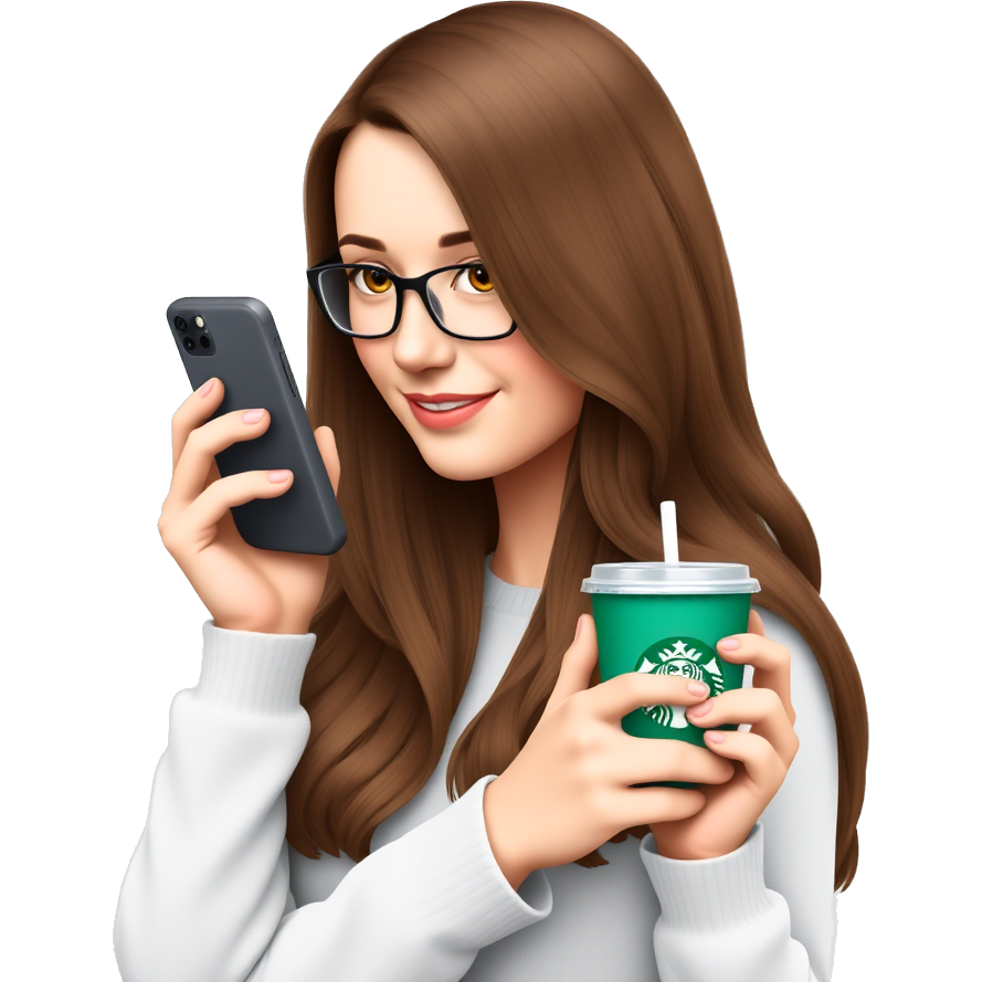 A girl trying to call her two best friends on the phone with brown long hair and Starbucks in the other hand