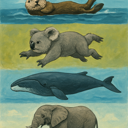 Sea otter swim upsidedown at the sea and next drop bear are Bad koala they can fall the last one bowhead whale the huge whales than a elephant