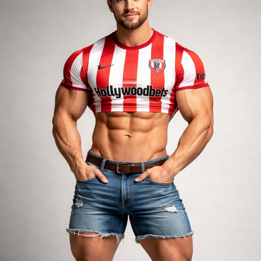 A Full view of his Body and Face Buff,Jacked and Muscular with Huge Biceps and Pecs. In a Very Short Brentford FC and Jeans. With his hands in his pocket