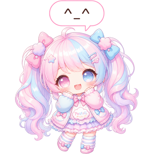 A cute girl named Pastell with cotton candy color eyes and cotton candy color hair and cotton candy color outfit and a message bubble on top of her head and it says "^_^"