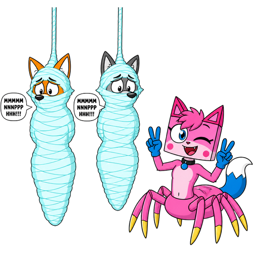 cartoon network version wrapped up and mummified fully covered in a #B8FFFF spider slik cocoon shaped like anthro female fox anthro worried arms behind back with #B8FFFF spider slik wrappings completely covered with thick layers non-transparent #B8FFFF spider slik wrappings hanged to the ceiling MMMMMNNNPPPHHH!!! on the left side next to wrapped up and mummified fully covered in a #B8FFFF spider slik cocoon shaped like anthro female wolf anthro worried arms behind back with #B8FFFF spider slik wrappings completely covered with thick layers non-transparent #B8FFFF spider slik wrappings hanged to the ceiling MMMMMNNNPPPHHH!!! on the left side next to smiling anthro femboy pink cat drider with blue and white tail blue hands yellow tips on spider legs collar doing victory sign based on unikitty
