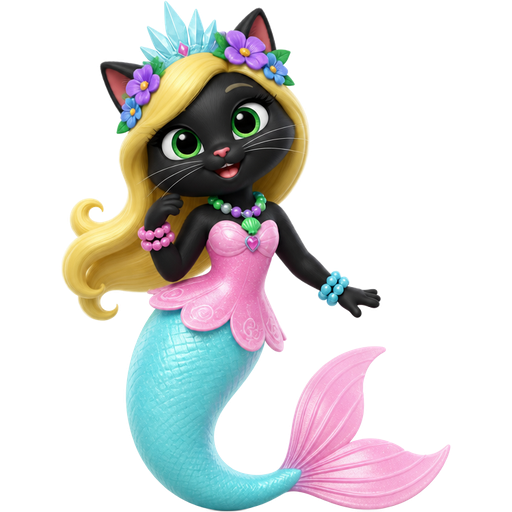 black cat with light yellow hair purple and blue flowers light cyan crown purple and green necklace pink and blue bracelets pink dress attached to long light cyan mermaid tail with pink tail fins based on siren (Ice Age: Continental Drift)