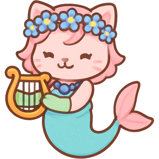 Male light pink anthro cat with pink hair blue flower crown with light purple shell necklace light cyan dress attached to long light cyan mermaid tail with pink fins light green gloves holding a golden harp emoji, artistic style