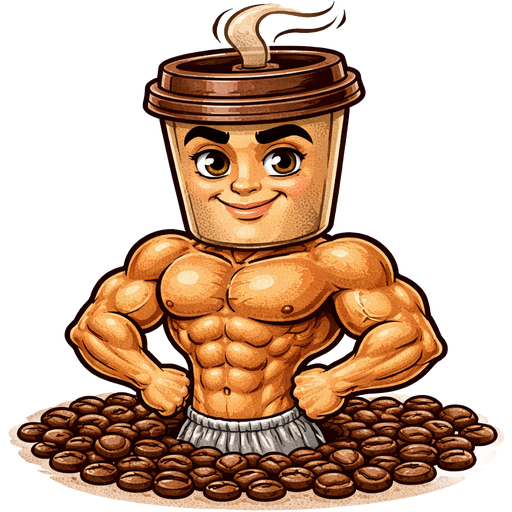 A muscly bloke, standing in a pool made of coffee beans. whose neck seamlessly morphs into a take-away coffee cup for a head; it has masculine eyes and a friendly smile. He has a full body tan