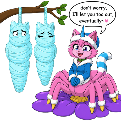 wrapped up and mummified fully covered in a #B8FFFF spider slik cocoon shaped like male anthro yellow cat anthro worried with arms behind back with #B8FFFF spider slik wrappings completely covered with thick layers non-transparent #B8FFFF spider slik wrappings hanged to the branch on the left side next to wrapped up and mummified fully covered in a #B8FFFF spider slik cocoon shaped like female anthro yellow cat girl anthro whimpering arms behind back with #B8FFFF spider slik wrappings completely covered with thick layers non-transparent #B8FFFF spider slik wrappings hanged to the branch on the the right side next to happy femboy anthro furry pink cat drider with blue and white tail white wrists blue hands white ankles yellow tips on eight spider legs green collar blue unicorn horn based on unikitty wearing everest's hat and clothing sitting on a purple flower don't worry, I'll let you too out, eventually~