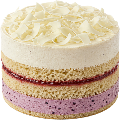 Whole Fresh Berry Cake with Mixed Berry Buttercream at the Bottom and Strawberry Jam in the Middle and Vanilla Buttercream with Big White Chocolate Shavings on Top