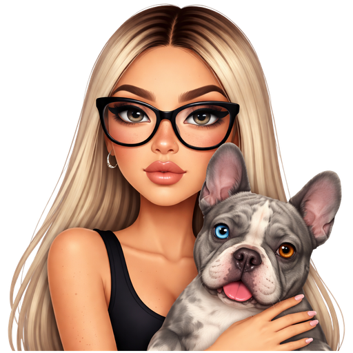 40 year old latina baddie with slim face and lips not too full and a slight bumpy nose round face cheek bones with dark freckles across her nose and almond shaped LIGHT GRAY colored eyes and lashes with fair skin with dark freckles across nose with shiny earring stud in her nose and very long straight icy blonde hair and dark roots parted in the middle and wearing large black glasses wearing a black tank top with a serious face and light pink color nails and holding a gray merle french bulldog that has one blue and one brown eye