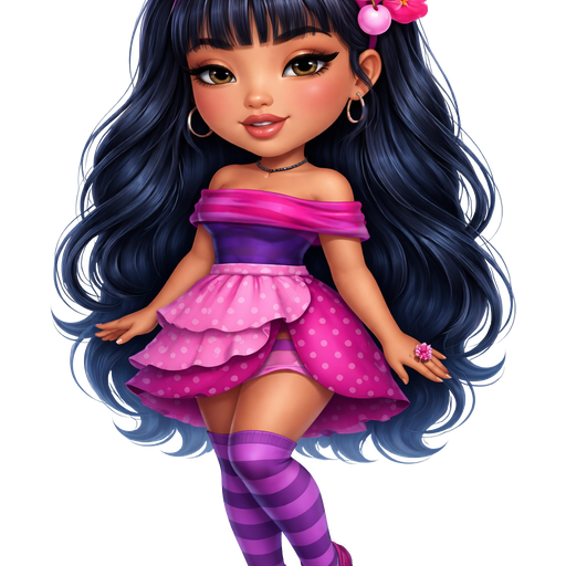 Cherry Jam with a Medium-Tan Cool Almond Skin Tone with a Wide Lip Shape with a Voluminous Wispy Eyelash Set Up and a Pink Lipstick with a Brown Lip Liner with a Brown Eyeshadow and a Natural Eyebrow Shape with a Monolid Eye Shape with a Diamond Face Shape with Long Dark Blue Hair Including Bangs Wearing a Pink Crescent Shaded Headband with a Pink Cherry Blossom Flower on the Right Side of it With a Cherry Right Beside It Wearing a Multi-Layered Dress Parted on the Side from one of the Layers Which Consists of the Neck-Line Being Magenta With a Purple Stripe Going Across With One of the Layers Being Pink and The Parted Layer is Magenta With a Printed Pattern of Purple Polka Dots Wearing a Pink Cherry Blossom Ring with Purple and Magenta Striped Leggings Wearing Magenta Flats With Curtain Designs and Mature Adult Toned Build and Cinematic Glow with Vivid and Distinct Features with High Visual Textures