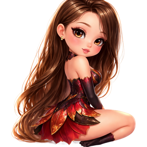 chibi girl: back view sitting looking over shoulder with hair completely swept over shoulder: semi-realistic soft cartoon luxury glam, mini plush Bratz-doll aesthetic, cinematic glow, crisp clean detail, glossy glam skin. brown eyed Petite 5ft girl, fair skin with soft freckles, wide face with tall forehead, honey-brown almond wide-set upturned eyes, fluttery lashes, shimmer highlight, plush lips, bottom heavy lip, sweet Belle-princess vibe, long straight brunette hair with visible caramel highlights, side-part hair all swept to the side over shoulder softly defined feminine body, full round bust, dressed in a crimson and black fitted top with scale-textured panels, high-waisted skirt with flame-shaped layering in red, copper, and ember orange, fantasy dragon-inspired costume. medium length hair, not too long. full body showing. Cozy romantic glow, soft warm lighting, pop-princess energy