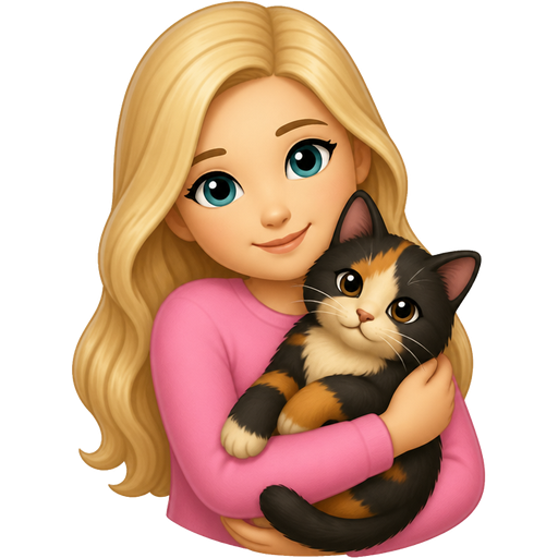 Blonde clair au cheveux long yeux bleu vert peau pâle fille portant un haut rose portant un chat calico foncé au yeux marron noir