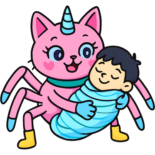 giant pink cat spider hybrid with blue unicorn horn green collar blue eyes with eyelashes heart shaped cheeks white wrists blue hands blue pink spider legs with white socks yellow boots cartoon character happy cuddling #B8FFFF cocoon slikworm cocooned pod black haired boy happy covered with #B8FFFF huge coating of #B8FFFF spider slik and huge #B8FFFF spider slik wrappings and huge #B8FFFF spider slik webbing wrappings #B8FFFF fan character emoji, expressive cute style