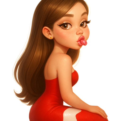 side view sitting looking over shoulder blowing a raspberry with hair completely swept over shoulder: semi-realistic soft cartoon luxury glam, mini plush Bratz-doll aesthetic, cinematic glow, crisp clean detail, glossy glam skin. brown eyed Petite 5ft girl, fair skin with soft freckles, wide face with tall forehead, honey-brown almond wide-set upturned eyes, fluttery lashes, shimmer highlight, plush lips, bottom heavy lip, sweet Belle-princess vibe, long straight brunette hair with visible caramel highlights, side-part hair all swept to the side over shoulder softly defined feminine body, full round bust, dressed as a red and white mermaid. full body showing. Cozy romantic glow, soft warm lighting, pop-princess energy