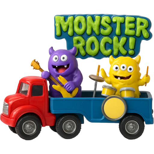 red truck toy with blue trailer with purple monster holding a guitar and yellow monster with three eyes on a drumset green slime texted monster rock! artistic creation, beautiful art