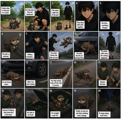 A comic book Picture by picture and shows every action of a A baby otter at a park on a leash and his male Cute and Handsome wearing a Black Hoodie and Shorts owner the owner Walks him and the owner and then the owner throws the otter at a Car and the otter lays there. And then more car cars start coming so the otter starts slowly limping off the road and a humans find him. But they Throw him in the trash. And struggles to get and out of the trash and walks home limping