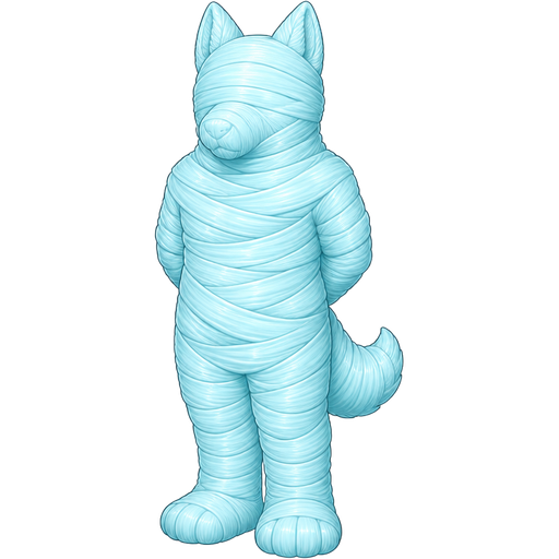 four wrapped up and mummified fully covered in a #B8FFFF spider slik cocoon shaped like anthro husky dog anthro arms behind back with #B8FFFF spider slik wrappings completely covered with thick layers non-transparent #B8FFFF spider slik wrappings