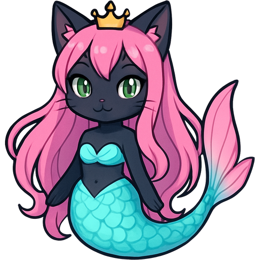 black cat pink long hair crown green eyes very long cyan and white mermaid tail with pink fins swimsuit cyan fairy tail style emoji, artistic style