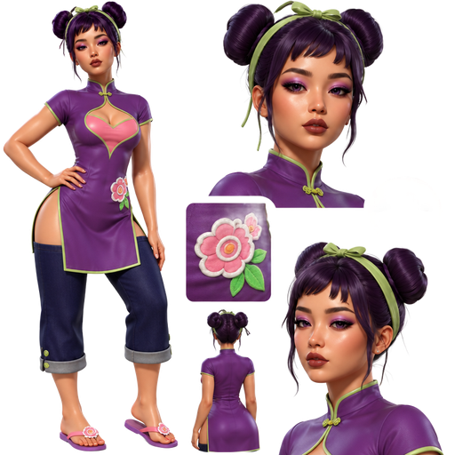 Tea Blossom with a Fair-Light Warm Ivory and a Downward-Turned Lip Shape with a Sasha Eyelash Look with a Cinnamon Matte Lipstick and a Pink a Purple Ombré Eyeshadow with a Short Eyebrow Shape and an Almond Eye shape with a Square face Shape and Two Dark Purple Odango Tied Buns with Purple Eyes Wearing a Purple Cheongsam with the Lining being Lime Green and the Middle is Pink Wearing a Pink with a White Lining Edged Spiral Flower with an Orange Center on the Side Also Wearing a Light Green Tied Up Ribbon around her Bangs Wearing Dark Blue Rolled Up Denim Pants and Two Light Green Buttons on Each Side Wearing Pastel Pink Flip Flops With Purple and a White Lined Edged Spiral Flower on the Very top of it with a Luminous Glazed Complexion and a 3D Naturalistic Animation with a Mature Adult Curvy Toned Build and a Luxury Glossy with a Refined Pristine Set Up and a Theatrical Appearance