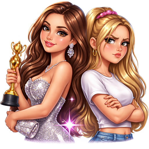 Two sisters back to back. One is 18 brown hair and is a movie star she needs to be wearing something luxurious and fancy. The other one is 17 has blonde hair is wearing something casual and simple and has a jealous expression on her face.