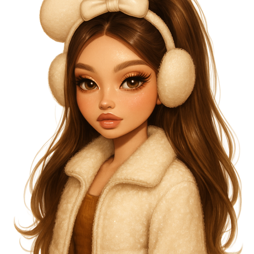 luxury glossy bratz-anime romantic aesthetic, warm cinematic glow, crisp clean detail, glossy glam skin. petite girl, warm soft-autumn tone, fair skin, honey-brown almond eyes, soft freckles, warm toasty glam makeup, glossy nude lips, flutter lashes, sweet Belle-princess vibe, very long brunette honey balayage hair with visible honey blonde highlights, face-framing layers, straight with curved ends high shine, white teddy jacket, mini pleated skirt, earmuff Mickey bows, glossy pony + soft strands pop-princess energy, shimmer highlight, sparkly glow