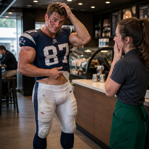 A Real Life Full Body view of a Hunky and Muscular, Handsome and Masculine Football Player with Brown Spiked hair and Blue eyes and with Chunky Arms and Pecs and Very Stocky Body. Wearing a Football Jersey. Blushing hard with a Sunburn under his eyes. Tussling his hair at a Customer making her Blush with cuts and Bruises all over his face. Scratching something under his shirt