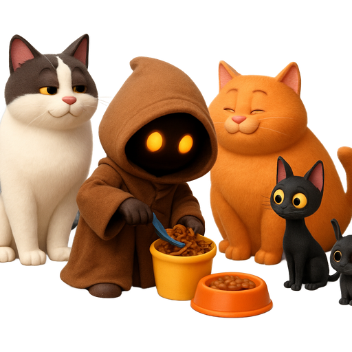 A cute Jawa scooping cat food from a yellow bucket into a pet food bowl. He is surrounded by a large white and black cat, a fat gray tabby cat, a fat orange cat, a skinny black cat, and a small solid dark gray cat