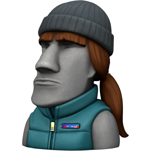 official Apple Moai grey stone statue wearing a Patagonia vest and beanie, with long brown ponytail and bangs hair