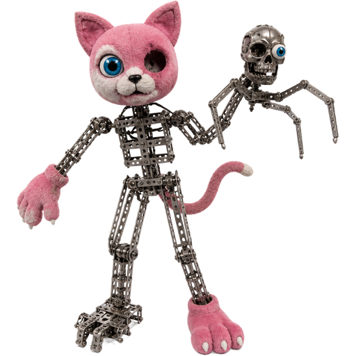 toy pink cat head one of the blue eyes are missing on left toy pink cat paws skeleton like body made of Erector Set pieces toy pink cat tail with robotic skull head with blue doll eye on left eye socket 3 spider like legs made of Erector Set pieces 2 endoskeleton feet 1 toy pink cat foot acts like fnaf 2 mangle
