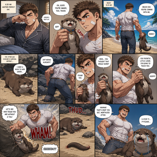 A COMIC BOOK STORY very lifelike and Detailed Full page Anime Comic book story about of a Bulky ANIME Cute Bara Man American 20 year old with a ROUND and BASIC facial structure and Young Adult BARA CUTE that is Peach Toned skin not anything else MALE not to detailed With bigger than average Pecs that are visible through the shirt and Biceps and a big Bandaid on his nose and Left Cheek and Right Eye brow with Scars all over his Chest and arms. Wearing a white shirt that is tight around the waist and Jeans drenched in sweat and Short and Brown strait Fluffy Hair and Strait with brown eyes and black eyebrows with a Three finger Slash on his Eyebrow. With no Facial Hair. Waking up in the morning in pajamas and his pet baby Unathletic otter but Excessively bully’s it by holding his collar around his neck. And then they go to the beach and the otter has the goes and try’s to find as rock to hide under and he finds the otter and then looses his tail from a boulder Excessively bully’s him more.