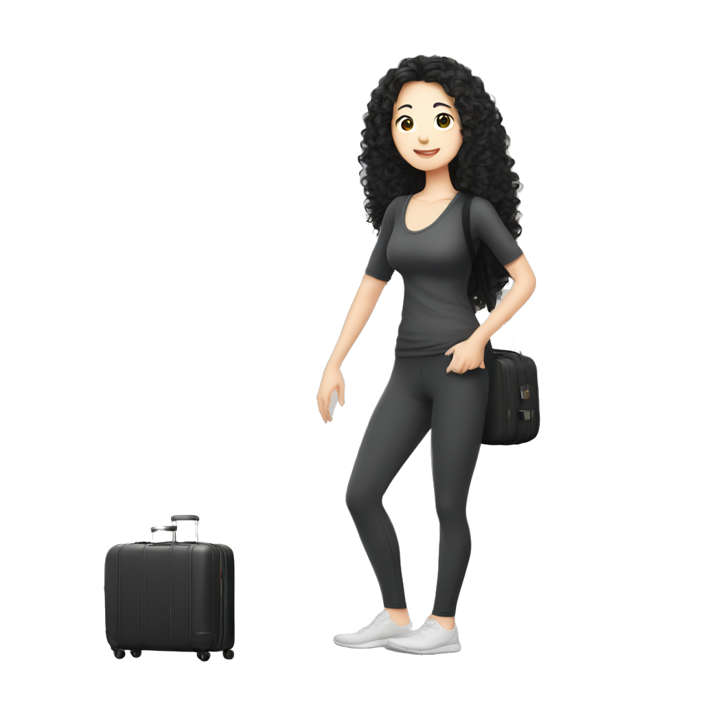 A pale skin colored asian women with long black curly hair wearing yoga leggings is busy packing clothes in suitcase f