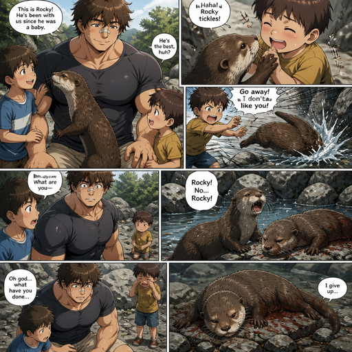 A DETAILED AND LIFELIKE ANIME Comic Book story view of a Bulky but Muscular ANIME Cute Bara Man With Peach toned skin Who looks Normal aind round facial Structure and Basic facial structure With Puffy and Big Pecs that are visible through the shirt and Biceps and Bandaid on his nose and Brown Fluffy and Strait hair. Wearing normal With his pet Grown and long and healthy realistic otter and 2 little brothers that are in different ages but young. and then his favorite otter crawled up to the youngest brother. The youngest brother throws the otter into a Rock. In the otter’s twin goes to him and cries. and the otter sits there and surrenders.