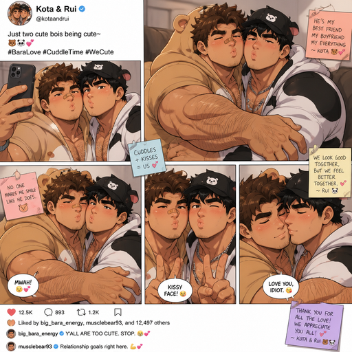 A REALISTIC AND LIFELIKE Comic Book long Story of a Bulky but Muscular ANIME Cute Bara Man With Peach toned skin Who looks Normal and a huge and Masculine round facial Structure and Basic facial structure With Puffy and Big Pecs that are visible through the shirt and Biceps and Bandaid on his nose and Brown Spiky hair and His Hair Curls At the tip of strands. Wearing a cute Animal onesies has a Hairy body. And has huge Hands and Massive arms and looks HOT with his friend (that looks like him but Black instead of brown hair and Has A Chain on and Baseball hate and is also Peachy skin). making kissy faces at the Camera and with His friend looking HOT AND IRRESISTABLE and Cuddle and post it’s on social media say there cute
