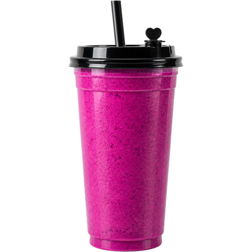 Dragon Fruit Dream Smoothie with a 32oz PP Injection Cup and a Premium Plastic PP Black Lid with an Attached Stopper including a Straw on Top of It Blended with Dragon Fruit, Bananas and Pineapples and it’s Bright Magenta Purple