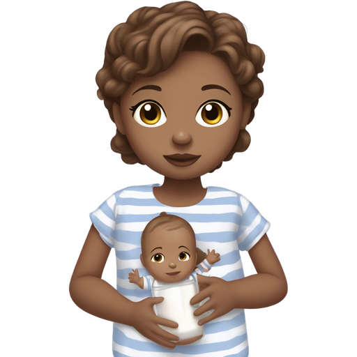 Brown medium haired girl with hazel eyes , medium brown rose lipgloss holding baby bottle , dressed in Pyjama blue and white stripes