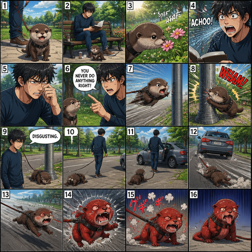 A comic book detailed and lifelike Picture by picture and shows every action of a A Baby Otter on a leash and at the park while his owner reads a book and the otter sniffs a flower and sneezes on the owner and then the owner talks about how the otter never does anything right then the otter flys at a pole and and the owner looks down at him and says disgusting and walks away drive off without him and runs to him dr driving away into his weight come back, but the leash isn’t that long and jerking back he Gets red all over his body