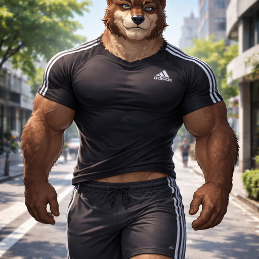 A Full Body Image of a Bear Bara Furry who is a very Masculine and Handsome with Rounded and Wide Chest Short Strait Hair and Blue eyes. Wearing a Bagy Adidas Athletic Shirt that is Vaguely Short at the Waist. Walking on the St
