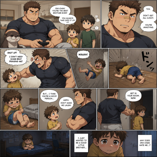 A DETAILED AND LIFELIKE ANIME Comic Book story view of a Bulky but Muscular ANIME Cute Bara Man With Peach toned skin Who looks Normal aind round facial Structure and Basic facial structure With Puffy and Big Pecs that are visible through the shirt and Biceps and Bandaid on his nose and Brown short hair that makes them look tough. Wearing normal With his pet Grown and healthy realistic otter and 2 little brothers that are in different ages but young. And he doesn‘t like them and big brother picks the little brother up and The little brother fly’s to the floor and limps away the little brother believes that he‘s A good person but when he tells him that he is pushed into his room