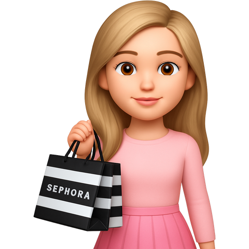 Preppy girl, blonde, long hair, dirty blonde, holding Sephora bags with a pink light, pink skirt and a light pink top