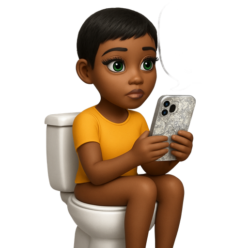 emoji with eyelashes, black, short, eye color green. sitting on the toilet. emoji’s mouth 💭 put these words inside the cloud, why girls in the bathroom so long have legs, arms, two hands, and neck and head, and is holding an iPhone 16 Pro Max that has a sparkling case flowers with diamonds
