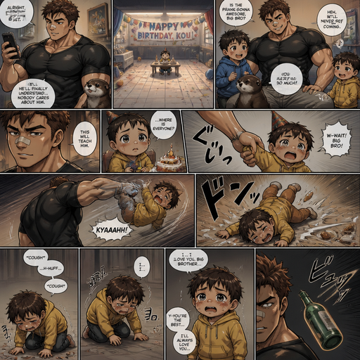 A DETAILED AND LIFELIKE ANIME LONG Comic Book story view of a Bulky but Muscular ANIME Cute Bara Man With Peach toned skin Who looks Normal aind round facial Structure and Basic facial structure With Puffy and Big Pecs that are visible through the shirt and Biceps and Bandaid on his nose and Brown short hair that makes them look tough. Wearing normal With his pet Grown and healthy realistic otter and 2 little brothers that are in different ages but young. At the baby brother‘s birthday party And the baby on his birthday was left home alone with no one at his party and it was a prank from him with no one around to show that the baby isn’t loved And so he picks the little baby brother up at his alone Party by the arm and the baby brother fly’s into to the floor and cries but is to weak and the baby brother sits there coughing and gets up slowly. And expresses his undying love for his big brother. and a glass bottle flies