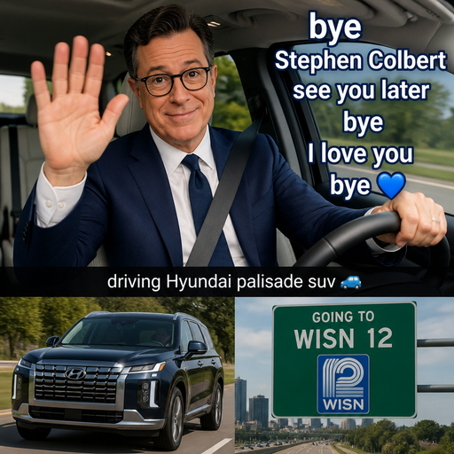 Stephen Colbert navy blue blazer white shirt dark blue tie bye Stephen Colbert see you later bye I love you bye driving Hyundai palisade suv 🚙 going to wisn 12